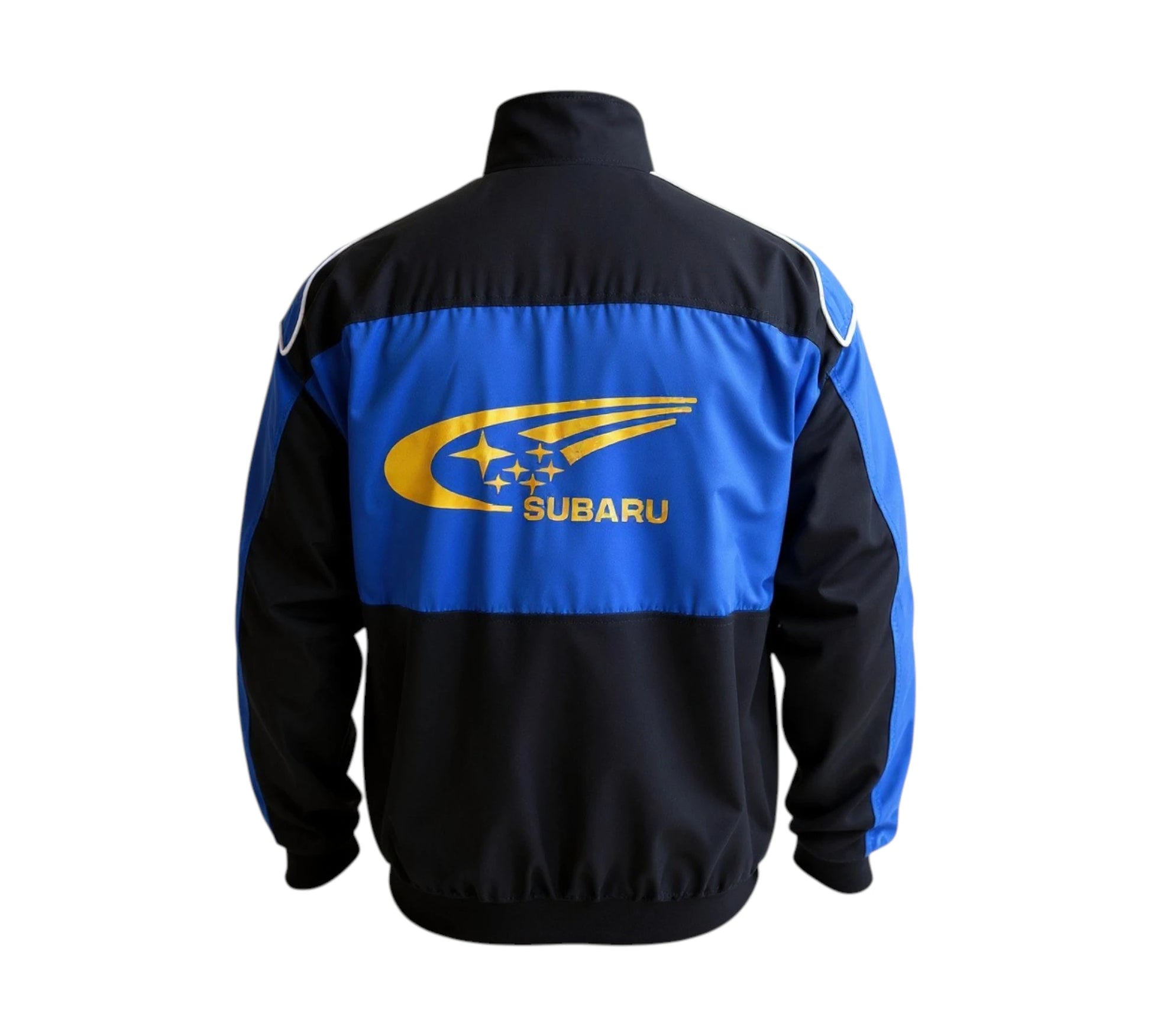 Black and blue jacket with Subaru logo on a white background