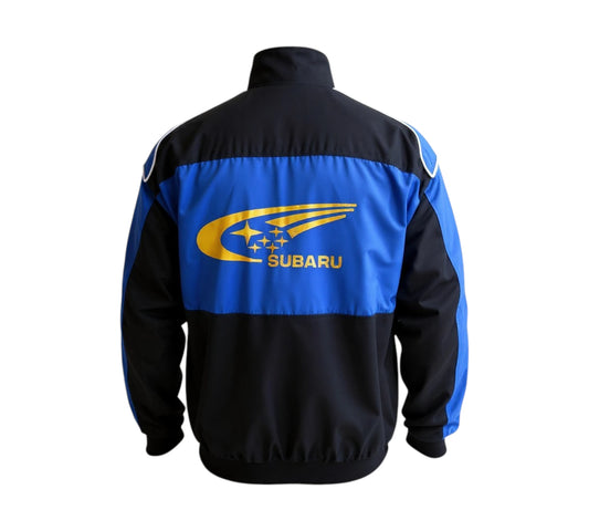 Black and blue jacket with Subaru logo on a white background
