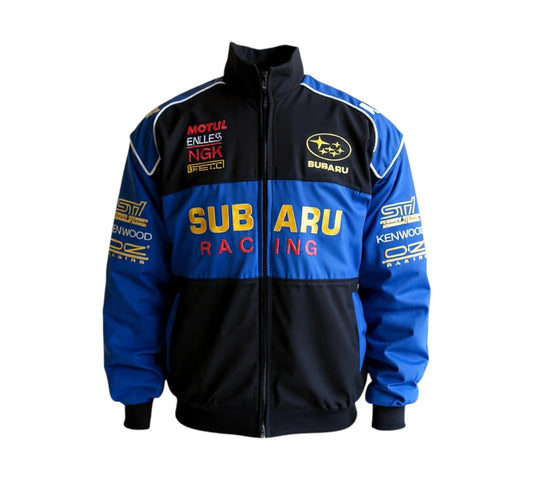 Pink and black jacket with Subaru World Rally Team logo on a white background