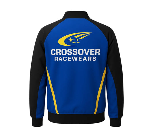 Blue and black jacket with 'Crossover Racewears' logo on a white background