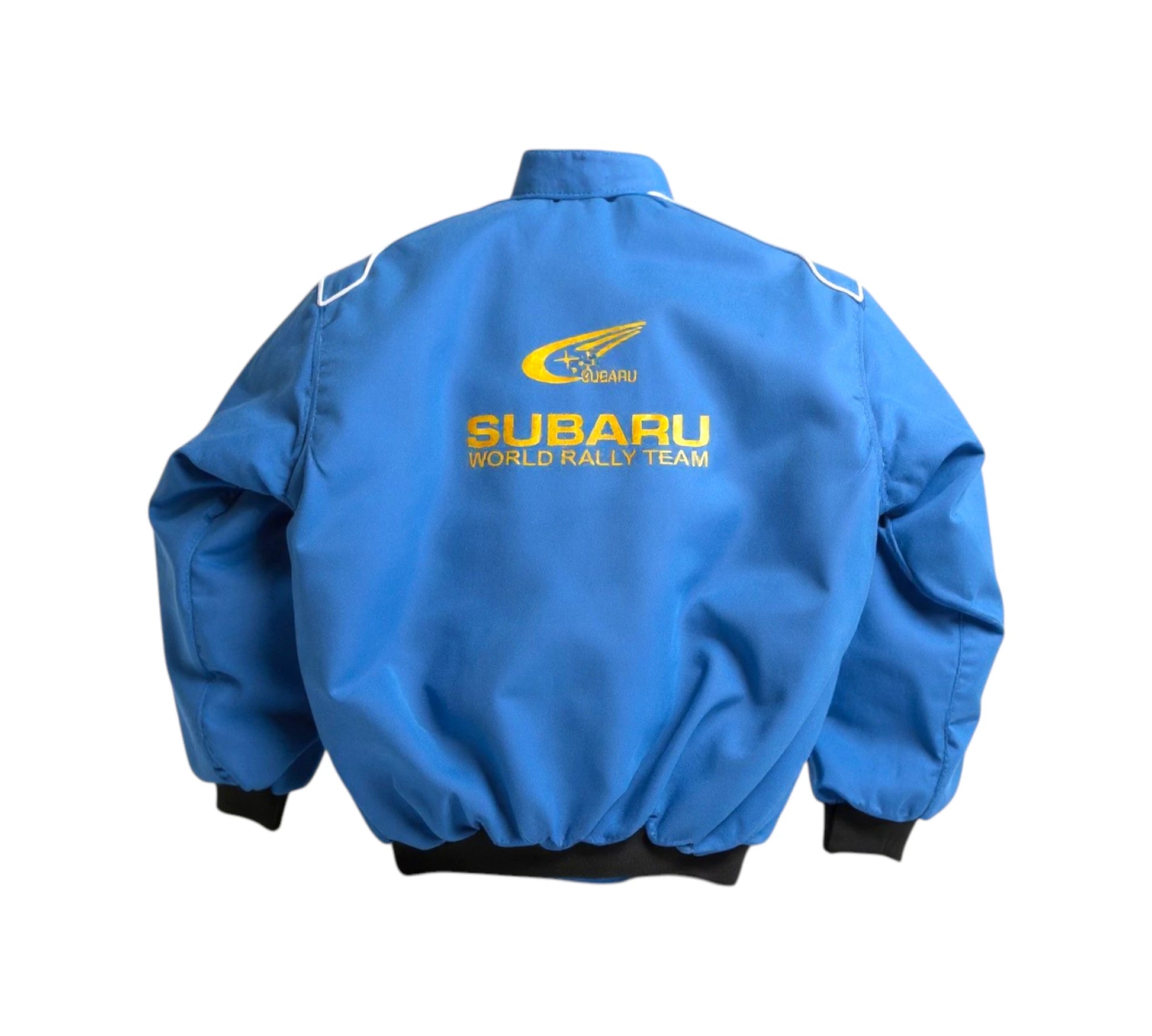 Red jacket with Subaru logos on a white background