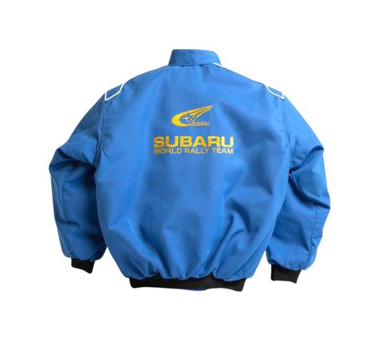 Red jacket with Subaru logos on a white background