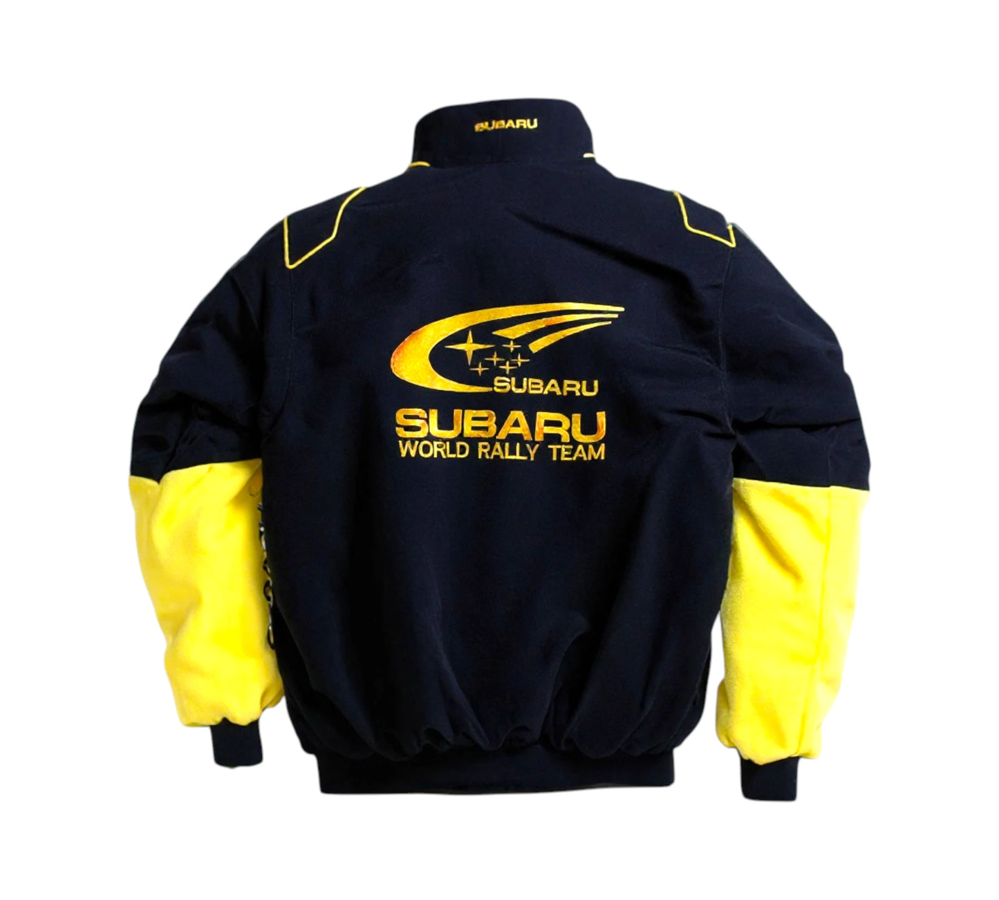 Black and yellow Subaru World Rally Team jacket on a white background