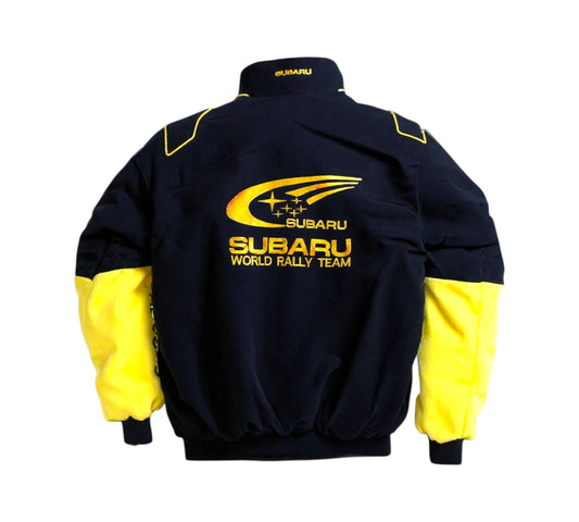 Black and yellow Subaru World Rally Team jacket on a white background