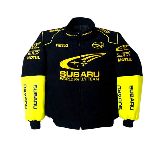 Black and yellow Subaru World Rally Team jacket on a white background