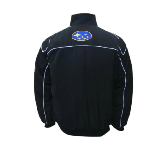 Black and blue jacket with Subaru logo on a white background
