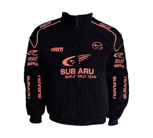 Navy blue jacket with Subaru World Rally Team branding on a white background