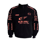 Navy blue jacket with Subaru World Rally Team branding on a white background