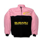 Blue racing jacket with various logos on a white background