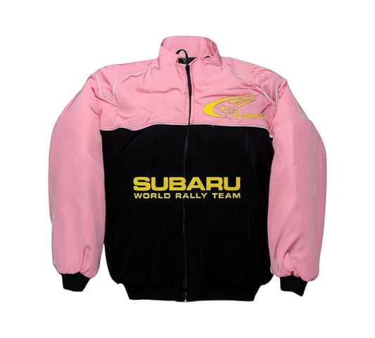 Blue racing jacket with various logos on a white background