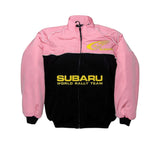 Blue racing jacket with various logos on a white background