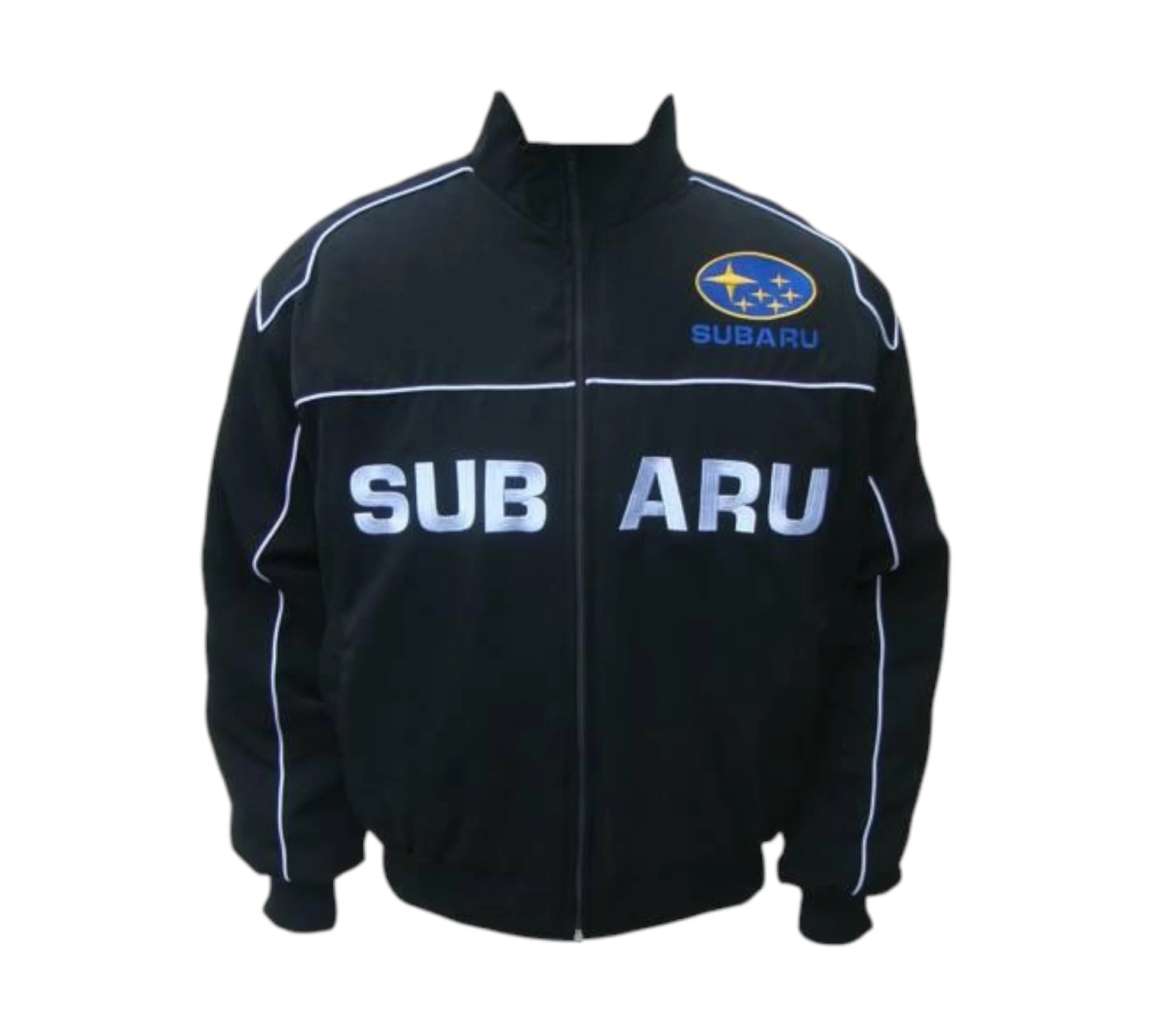 Black jacket with Subaru logo and text on a white background