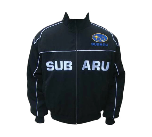 Black jacket with Subaru logo and text on a white background