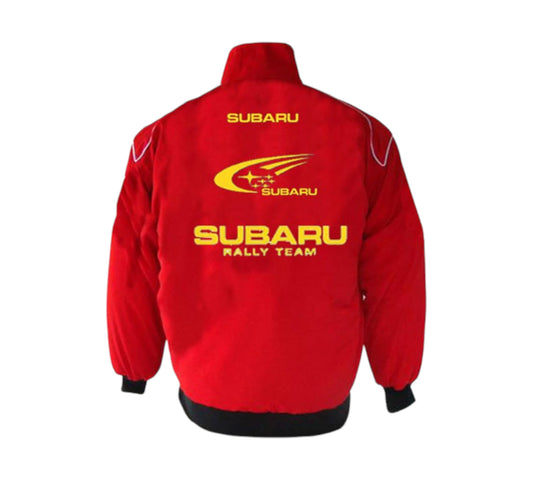 Red and black jacket with Subaru logo on a white background