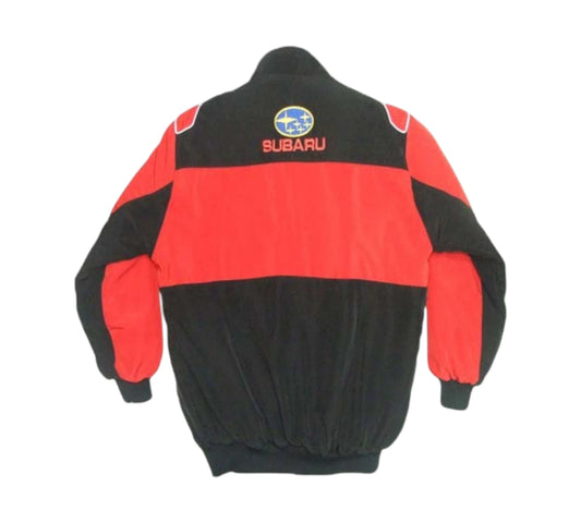 Black and blue jacket with Subaru logo on a white background