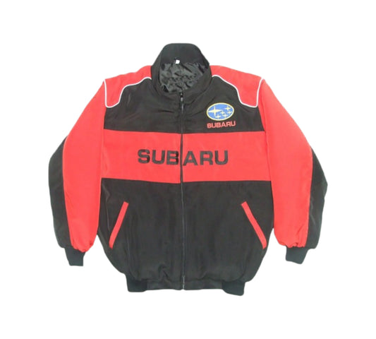 Black and blue jacket with Subaru logo on a white background