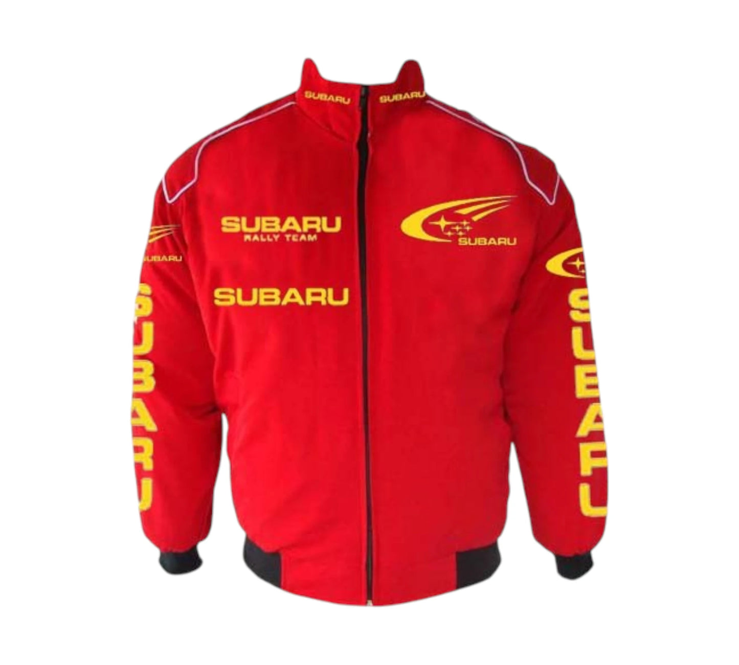 Red jacket with Subaru branding on a white background