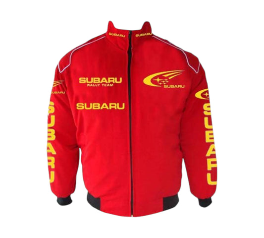 Red jacket with Subaru branding on a white background