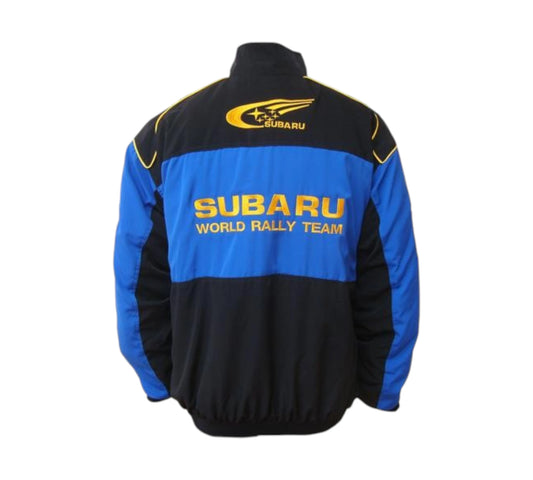 Subaru World Rally Team jacket with blue and black design on a white background
