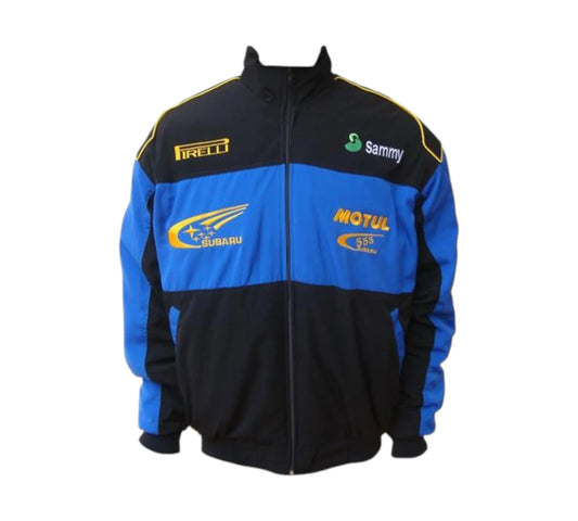Black and yellow Subaru World Rally Team jacket on a white background
