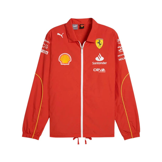 Red jacket with various logos on a white background