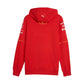 Red hoodie with branding on the back against a white background