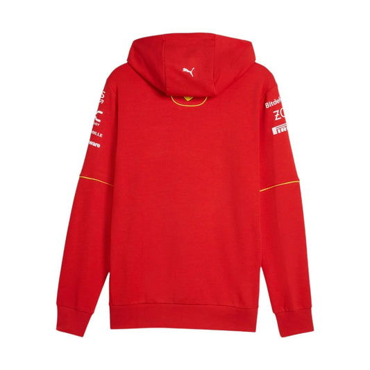 Red hoodie with branding on the back against a white background