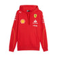 Red hoodie with various logos on a white background