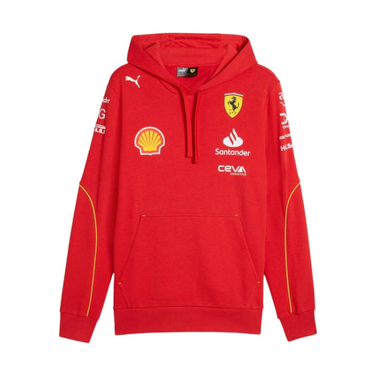 Red hoodie with various logos on a white background