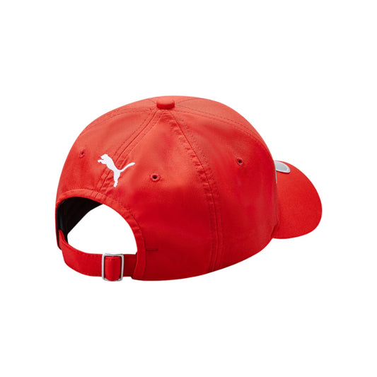 Red cap with a white logo on a white background