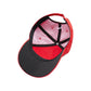 Red and black cap with a pink interior on a white background