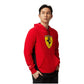 Person wearing a red Ferrari hoodie on a white background