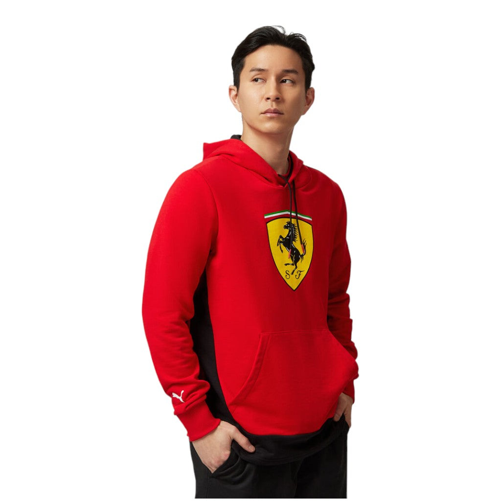 Person wearing a red Ferrari hoodie on a white background