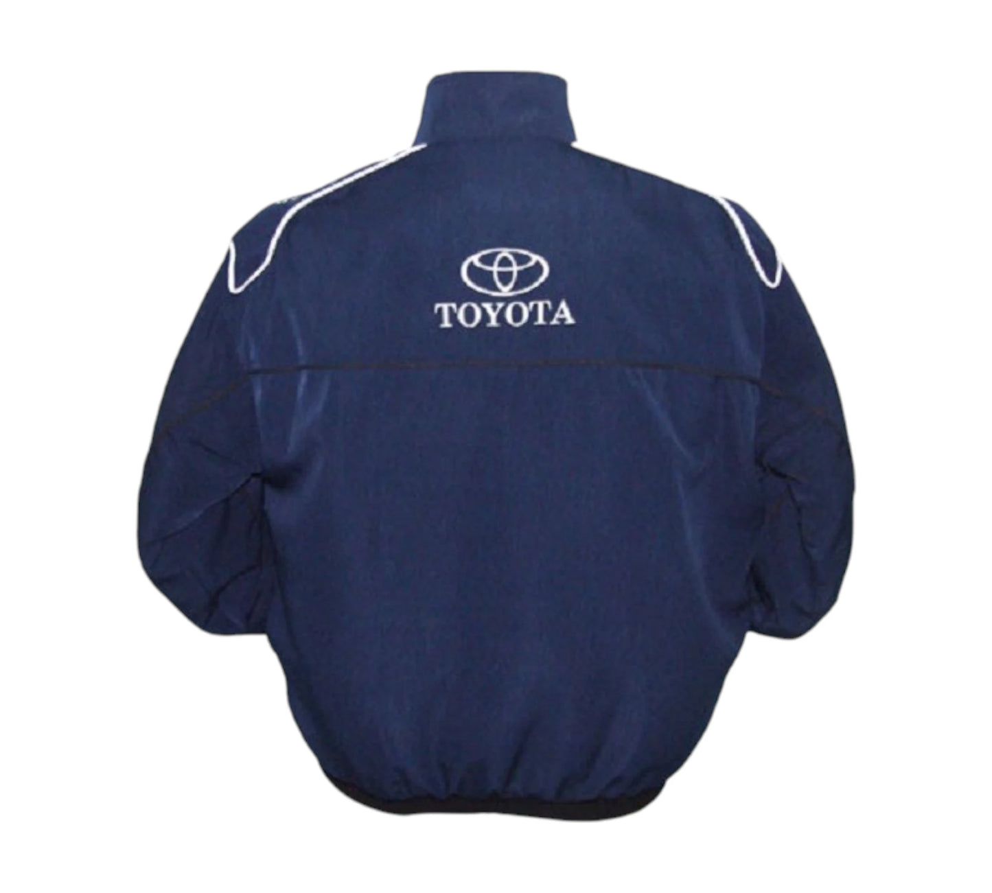 Navy blue jacket with Toyota logo on a white background