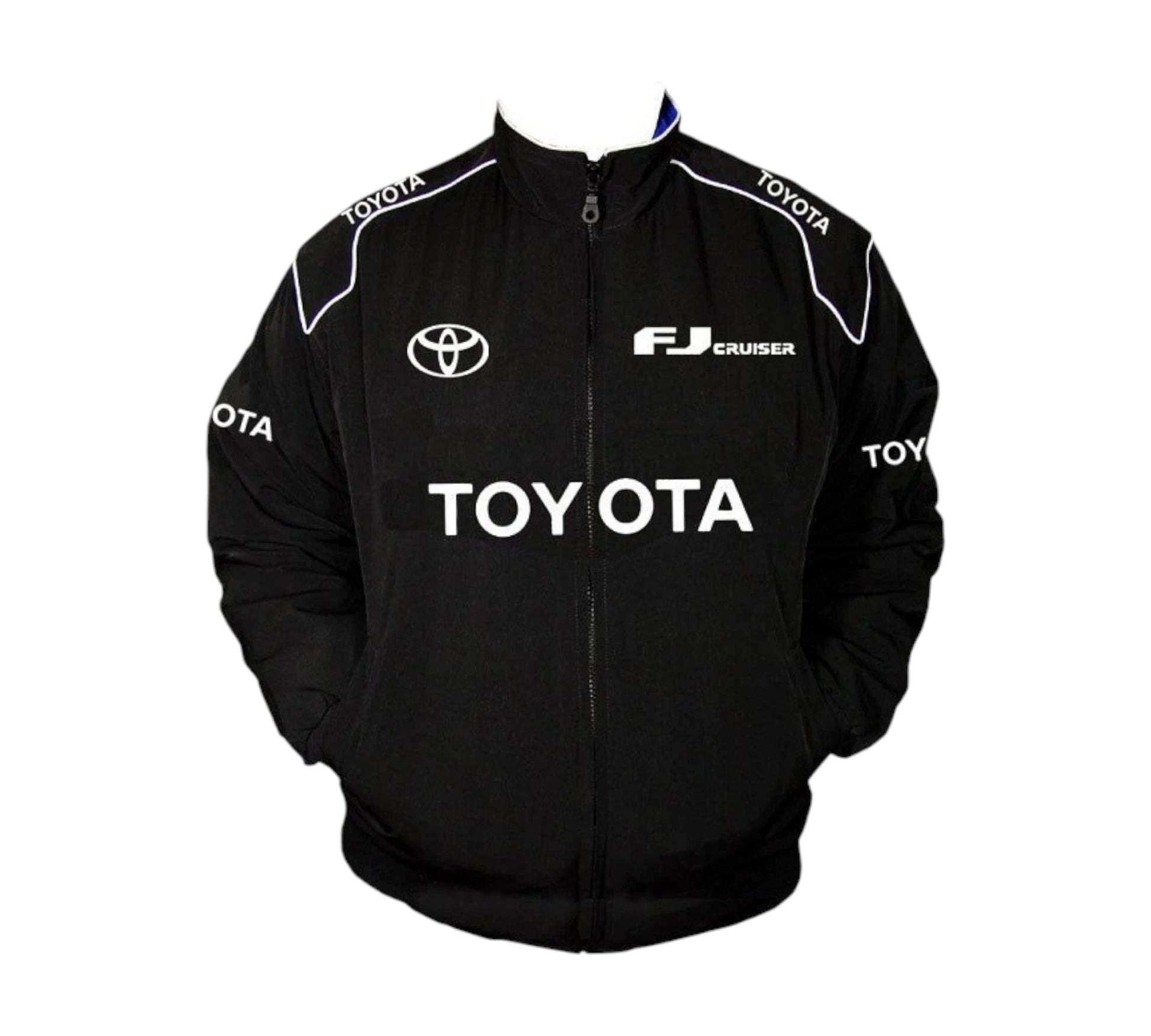 Black jacket with Toyota branding on a white background