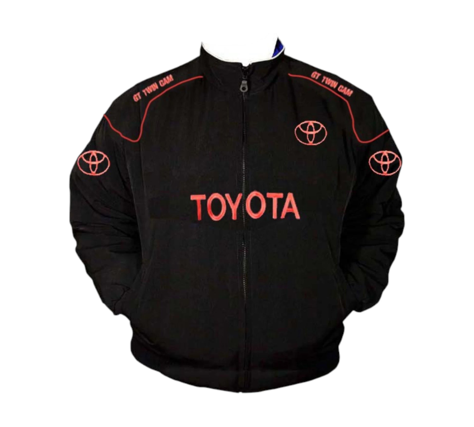 Black jacket with red Toyota logo on a white background