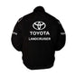 Black jacket with Toyota logo on the back against a white background