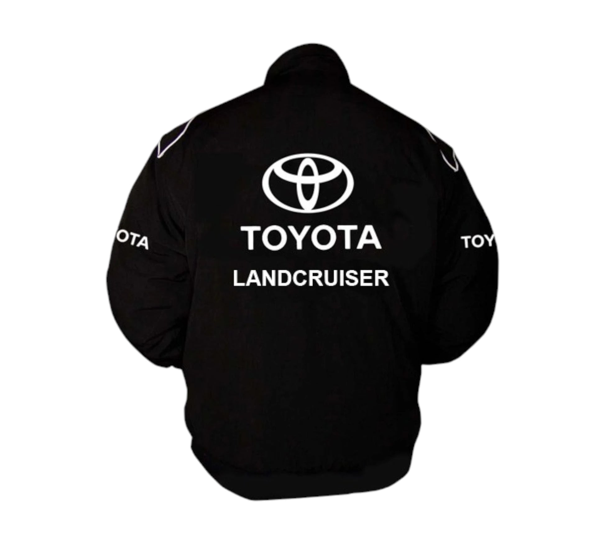 Black jacket with Toyota logo on the back against a white background