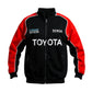 Red and white racing suit with multiple brand logos on a white background