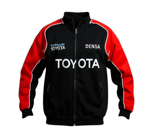 Red and white racing suit with multiple brand logos on a white background