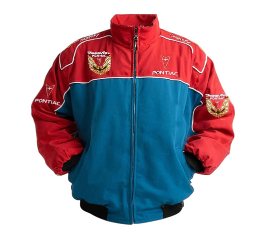 Red and blue jacket with Pontiac logos on a white background