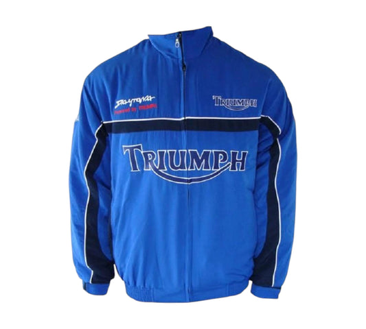 Blue jacket with Triumph branding on a white background