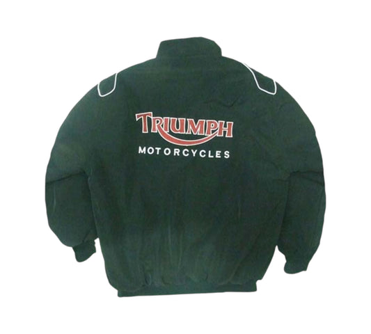 Green jacket with Triumph Motorcycles logo on a white background