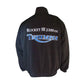 Black jacket with blue sleeves and 'Crossover Racewears' text on a white background