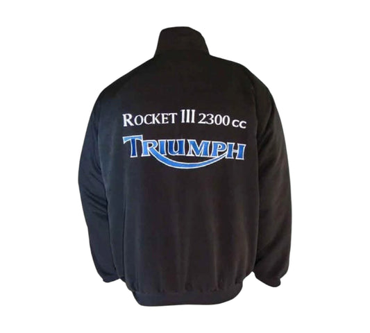 Black jacket with blue sleeves and 'Crossover Racewears' text on a white background