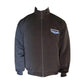 Black jacket with a logo on the chest against a white background