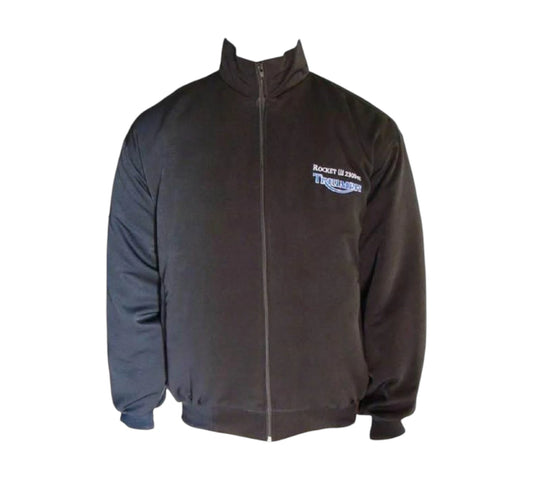 Black jacket with a logo on the chest against a white background