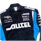 Black racing suit with various sponsor logos on a white background