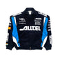Black racing jacket with various sponsor logos on a white background
