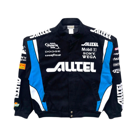Black racing jacket with various sponsor logos on a white background